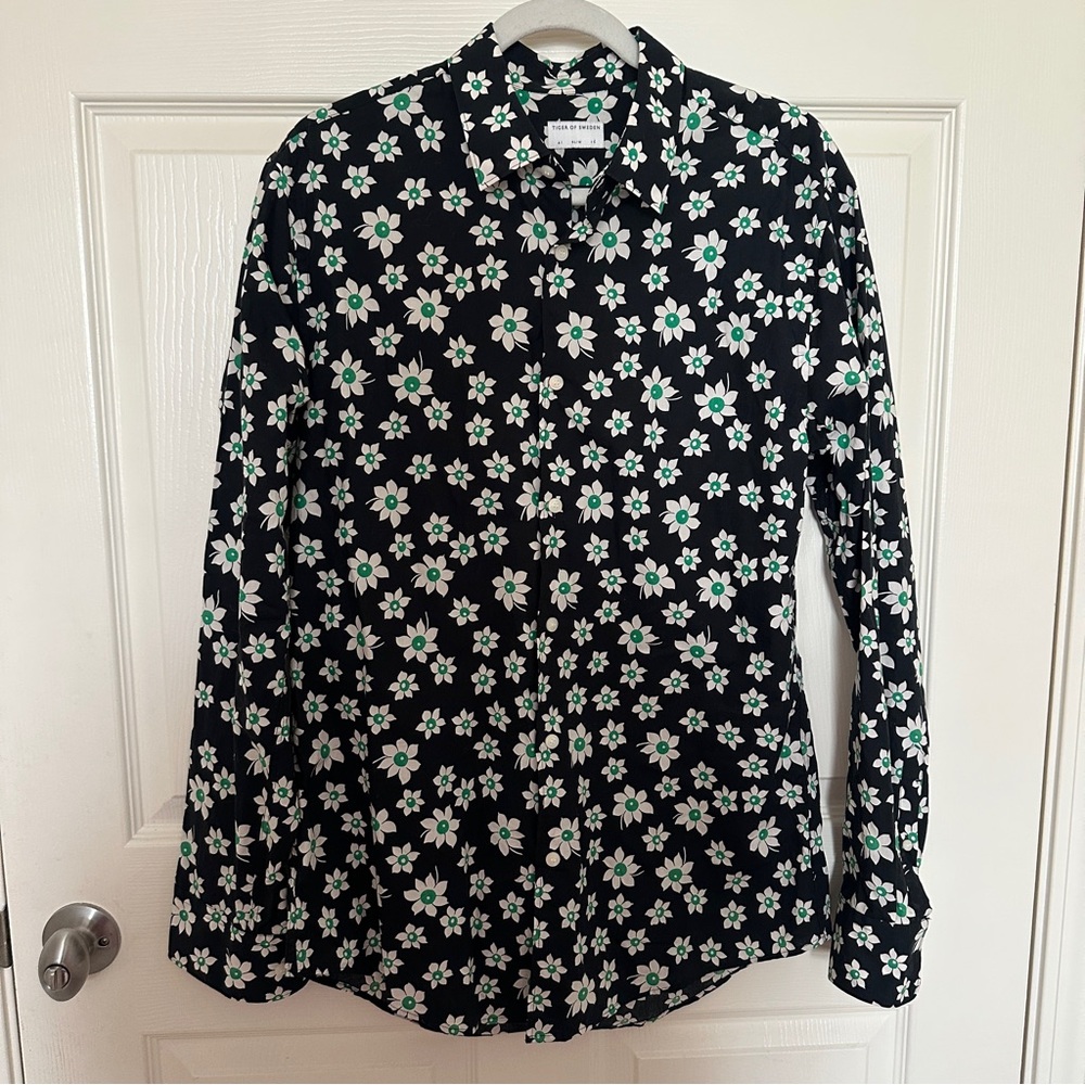 Tiger of Sweden Black Floral Button-Up with White & Mint Accents